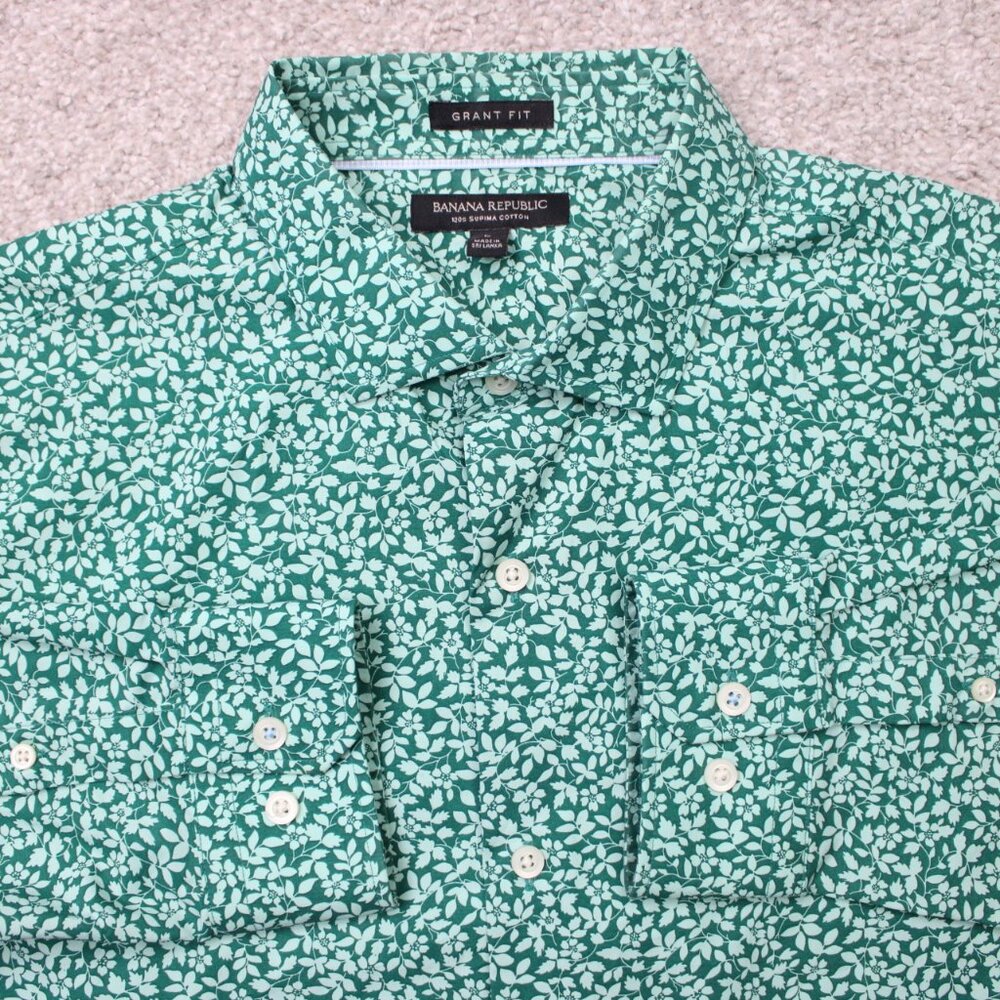 Banana Republic Shirt Mens Large Green Floral Grant Fit 120s Supima‎ Cotton L/S